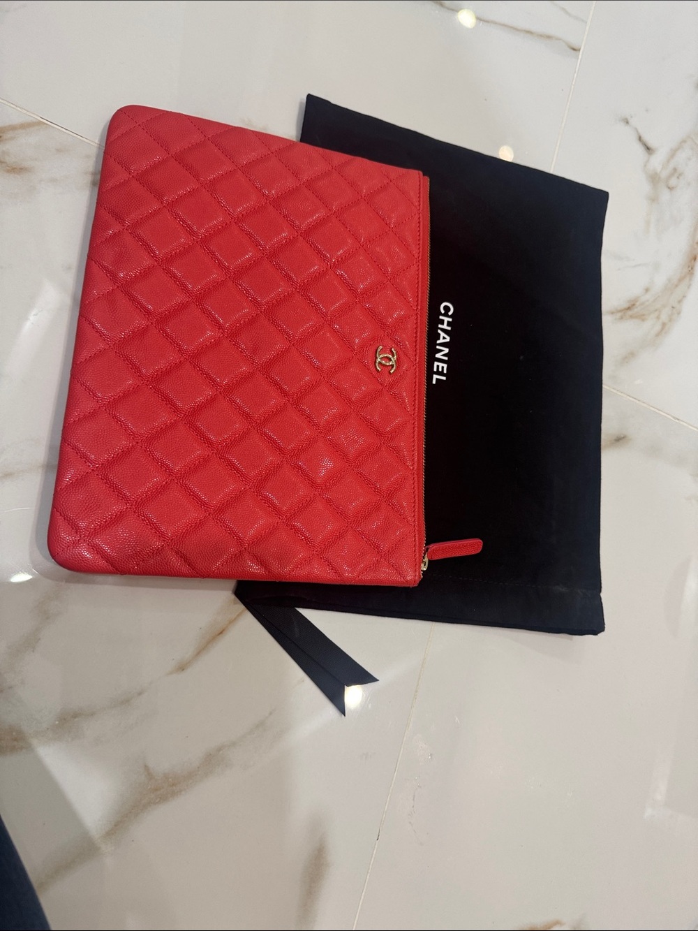 CHANEL Quilted Red Leather Zip Pouch with Gold CC New